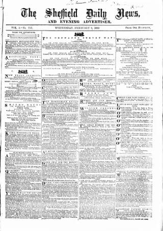 cover page of Sheffield Daily News published on February 2, 1859
