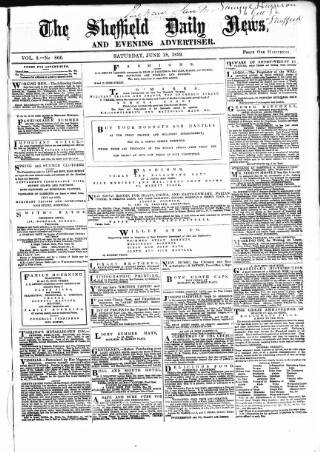 cover page of Sheffield Daily News published on June 18, 1859