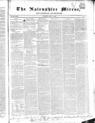 cover page of Nairnshire Mirror published on June 7, 1853