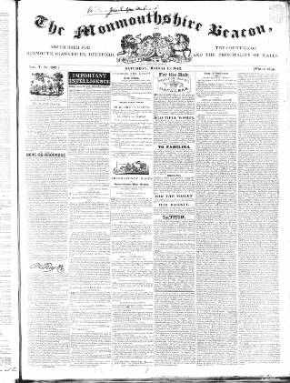 cover page of Monmouthshire Beacon published on March 19, 1842