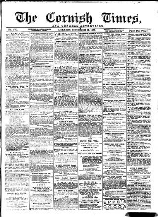 cover page of Cornish Times published on September 21, 1889
