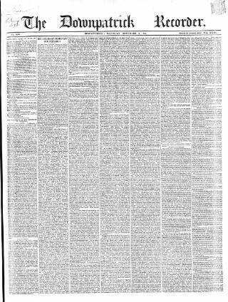 cover page of Downpatrick Recorder published on November 2, 1867