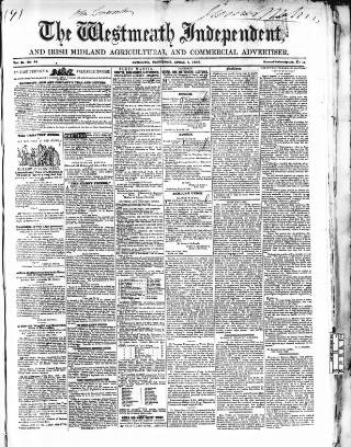 cover page of Westmeath Independent published on April 1, 1848