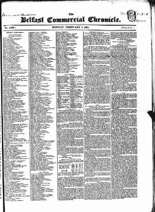 cover page of Belfast Commercial Chronicle published on February 2, 1835