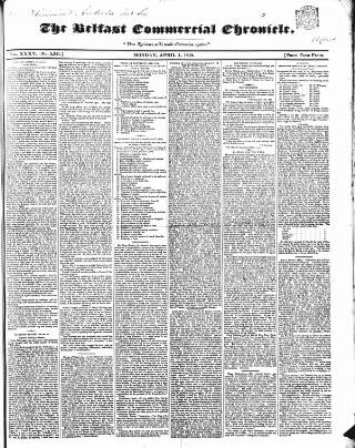 cover page of Belfast Commercial Chronicle published on April 1, 1839
