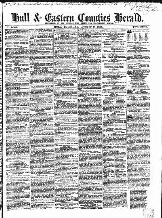 cover page of Hull and Eastern Counties Herald published on August 2, 1866