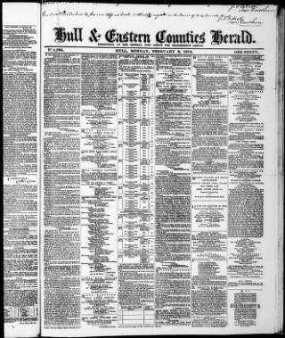 cover page of Hull and Eastern Counties Herald published on February 2, 1874