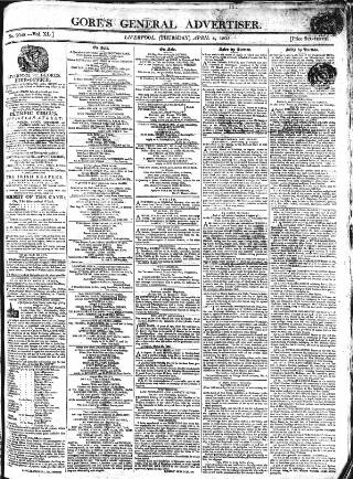 cover page of Gore's Liverpool General Advertiser published on April 4, 1805