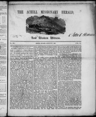 cover page of Achill Missionary Herald and Western Witness published on August 27, 1849