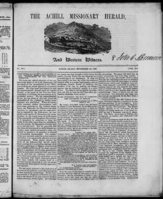 cover page of Achill Missionary Herald and Western Witness published on September 24, 1849
