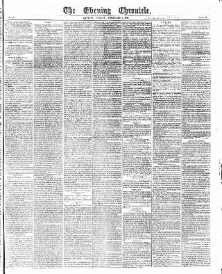 cover page of The Evening Chronicle published on February 2, 1838