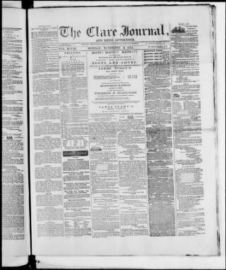 cover page of Clare Journal and Ennis Advertiser published on November 2, 1874
