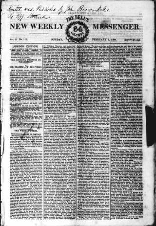 cover page of Bell's New Weekly Messenger published on February 2, 1834