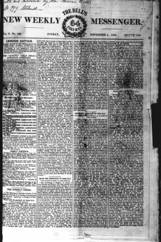 cover page of Bell's New Weekly Messenger published on November 2, 1834