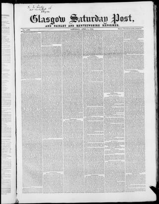 cover page of Glasgow Saturday Post published on April 1, 1854