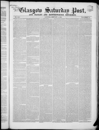 cover page of Glasgow Saturday Post published on February 2, 1856