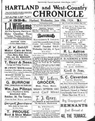 cover page of Hartland and West Country Chronicle published on June 18, 1924