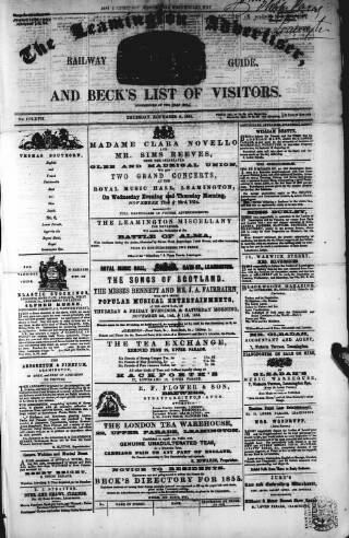 cover page of Leamington Advertiser and Beck's List of Visitors published on November 2, 1854