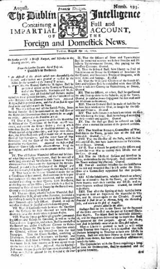 cover page of Dublin Intelligence published on August 2, 1709