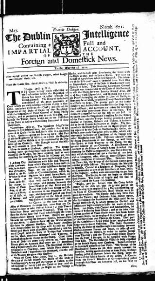 cover page of Dublin Intelligence published on May 2, 1710