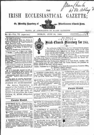 cover page of Irish Ecclesiastical Gazette published on June 18, 1864