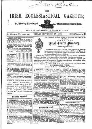 cover page of Irish Ecclesiastical Gazette published on September 17, 1864