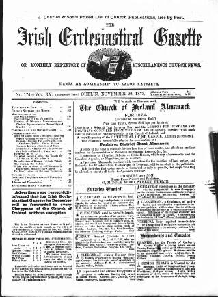 cover page of Irish Ecclesiastical Gazette published on November 22, 1873