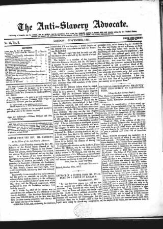 cover page of Anti-Slavery Advocate published on November 2, 1857