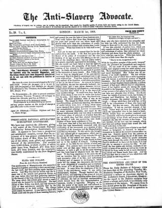 cover page of Anti-Slavery Advocate published on March 1, 1860