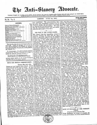 cover page of Anti-Slavery Advocate published on June 1, 1861