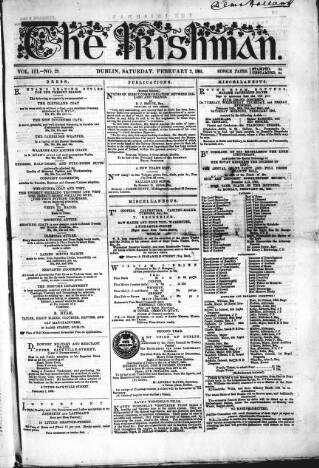cover page of The Irishman published on February 2, 1861