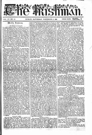 cover page of The Irishman published on November 2, 1861