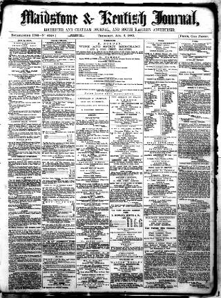cover page of Maidstone Journal and Kentish Advertiser published on August 2, 1883