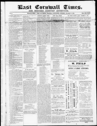 cover page of East Cornwall Times and Western Counties Advertiser published on December 17, 1859