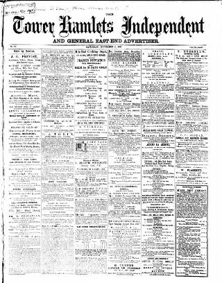 cover page of Tower Hamlets Independent and East End Local Advertiser published on November 2, 1867