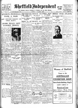 cover page of Sheffield Independent published on August 2, 1929
