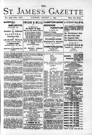 cover page of St James's Gazette published on August 2, 1892