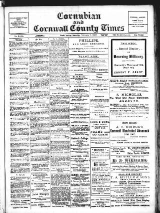 cover page of Cornubian and Redruth Times published on February 2, 1907