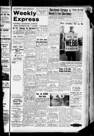 cover page of Daventry and District Weekly Express published on November 2, 1951