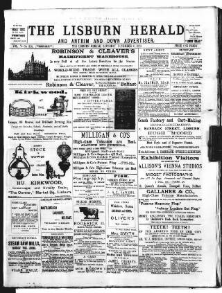 cover page of Lisburn Herald and Antrim and Down Advertiser published on November 2, 1895