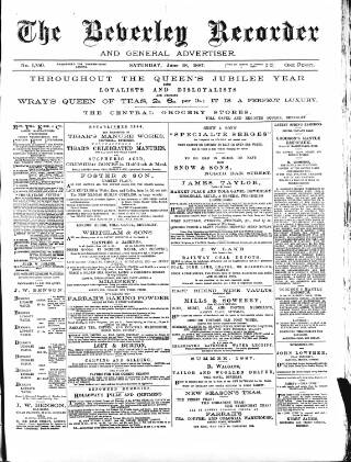 cover page of Beverley and East Riding Recorder published on June 18, 1887