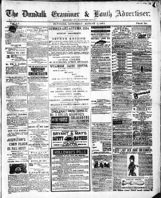 cover page of Dundalk Examiner and Louth Advertiser published on August 2, 1884
