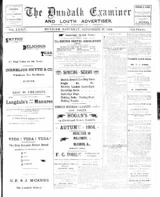 cover page of Dundalk Examiner and Louth Advertiser published on September 17, 1904