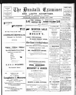 cover page of Dundalk Examiner and Louth Advertiser published on February 2, 1907
