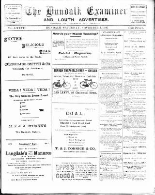 cover page of Dundalk Examiner and Louth Advertiser published on November 2, 1907