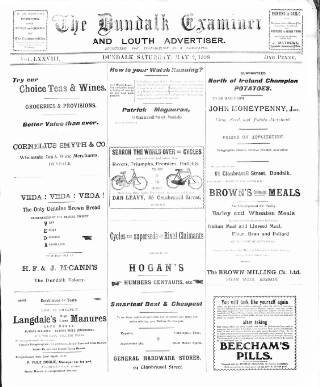 cover page of Dundalk Examiner and Louth Advertiser published on May 2, 1908