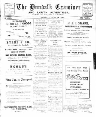 cover page of Dundalk Examiner and Louth Advertiser published on June 18, 1910