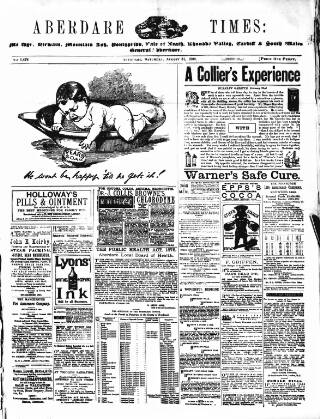 cover page of Aberdare Times published on August 31, 1889