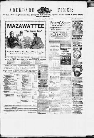 cover page of Aberdare Times published on March 19, 1892
