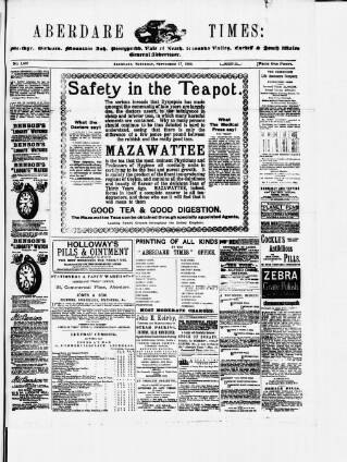 cover page of Aberdare Times published on September 17, 1892